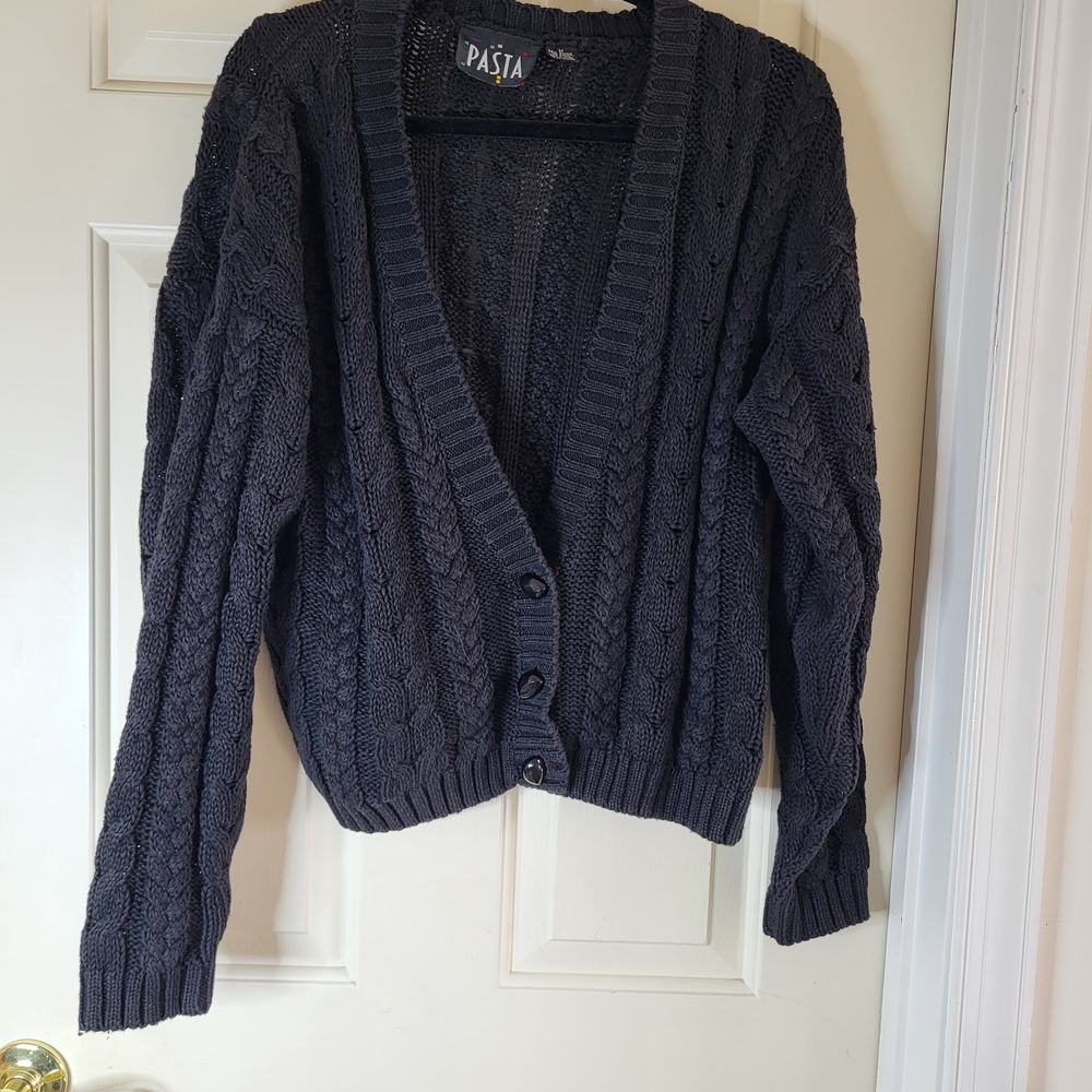 Black Cotton Cable-Knit Button-Front Cardigan